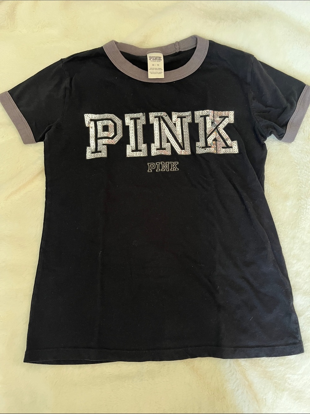 PINK Victoria's Secret Black Ringer Tee with Gray Trim and Studded Logo
